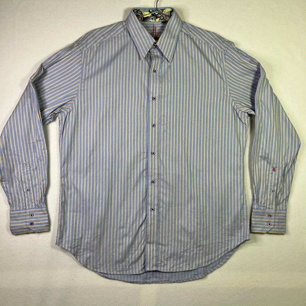 Robert Graham Blue Yellow Stripe Button Down L Paisley Print Cuff Long Sleeve
